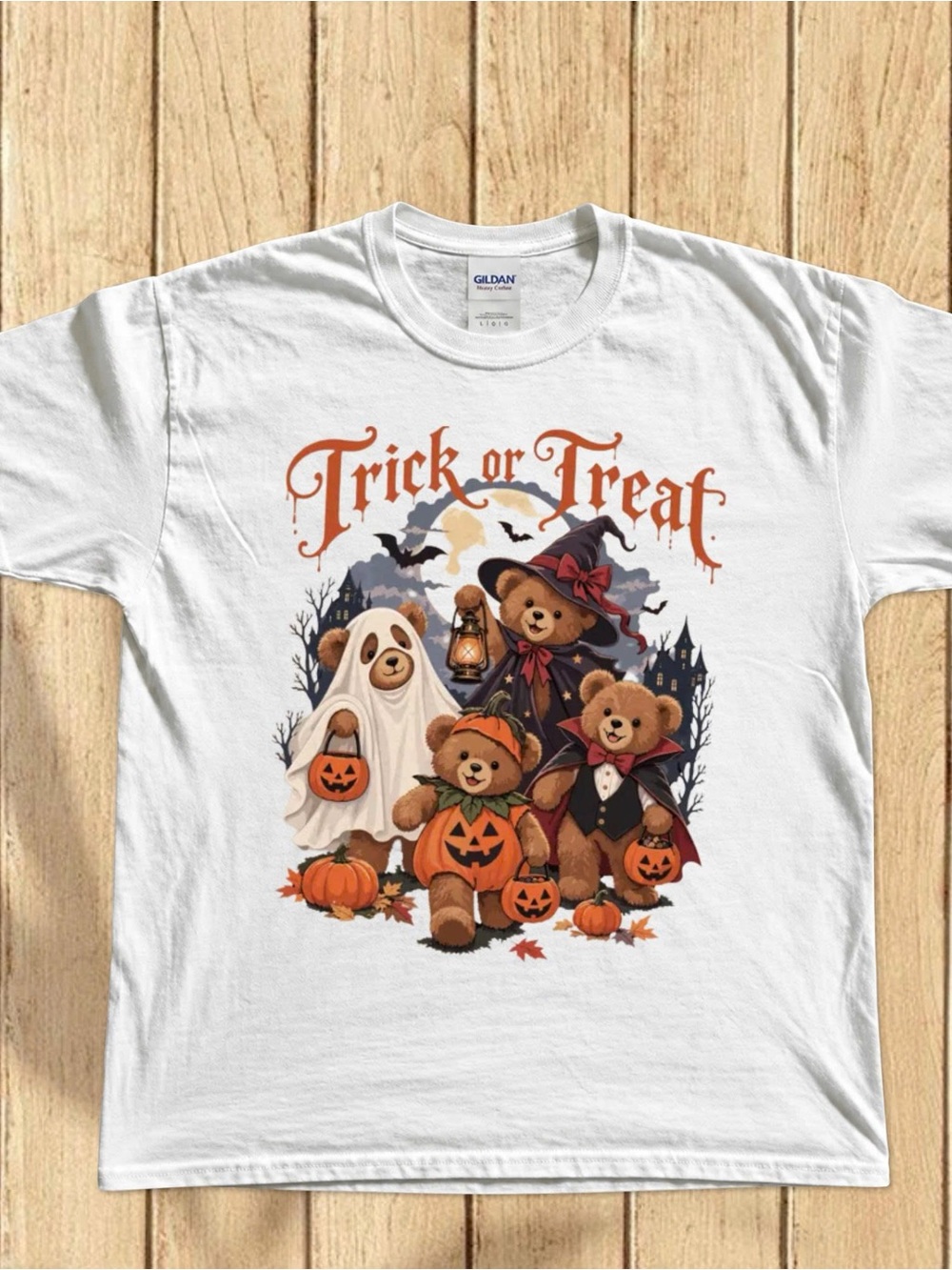 Gildan White Trick or Treat Pumpkin Bears Halloween T-Shirt